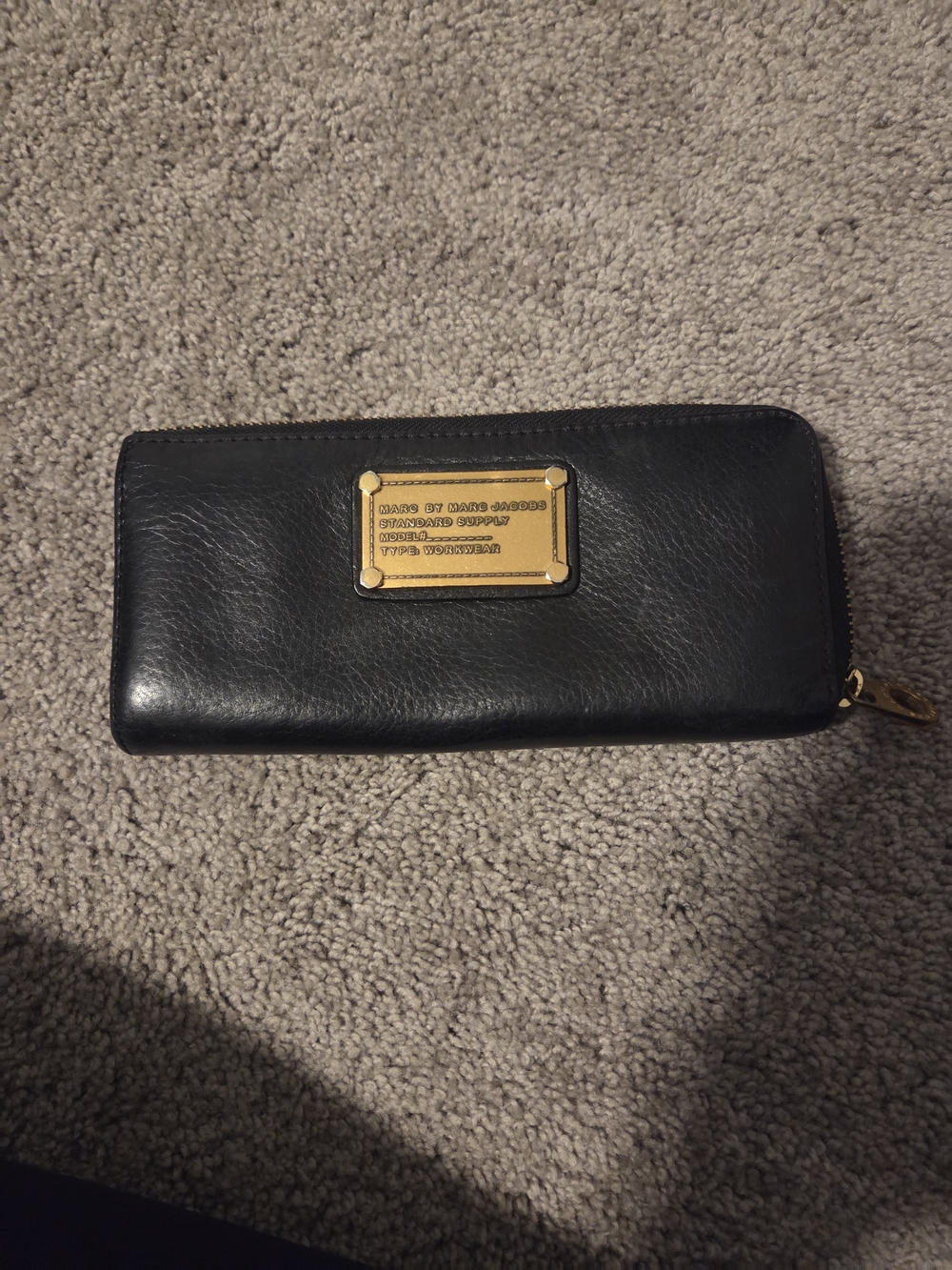 Marc Jacobs Black Leather Zip Wallet with Gold Logo Plaque